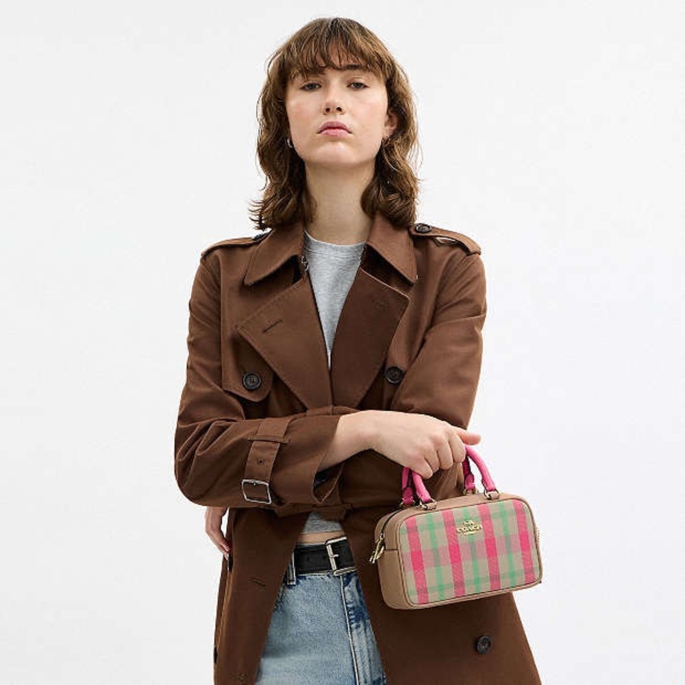 Coach Mini Satchel Crossbody Bag Pink Plaid Gold Handbag NWT - Picture 2 of 15